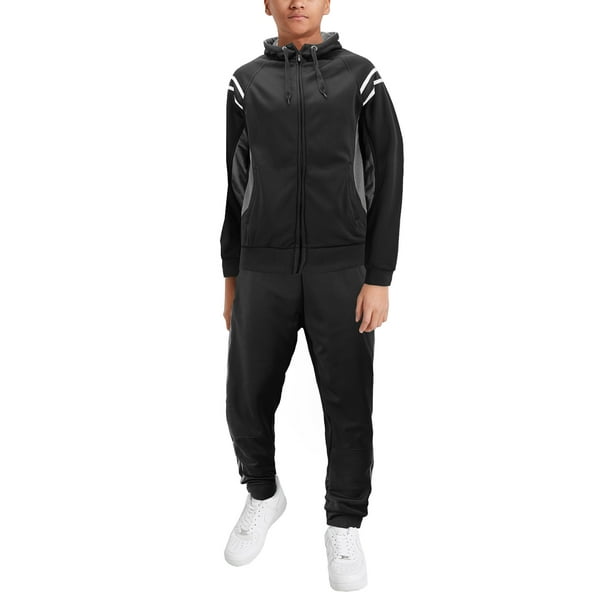 AB - Boy's Hooded Active Running Casual Jogging Kids Toddler Tracksuit 2 Pcs Set (Black, 8