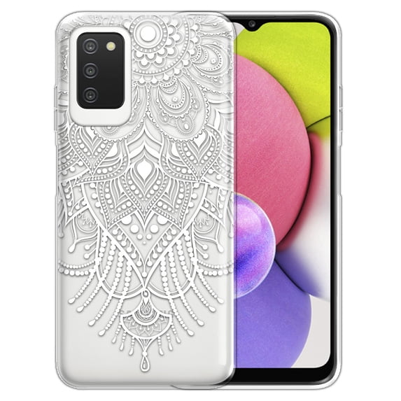 WIRESTER Transparent Soft Gel TPU Clear Case Slim Protective Cover for Samsung Galaxy A03S 4G LTE (Not 5G) 6.5" 2021, White Henna Floral Lace