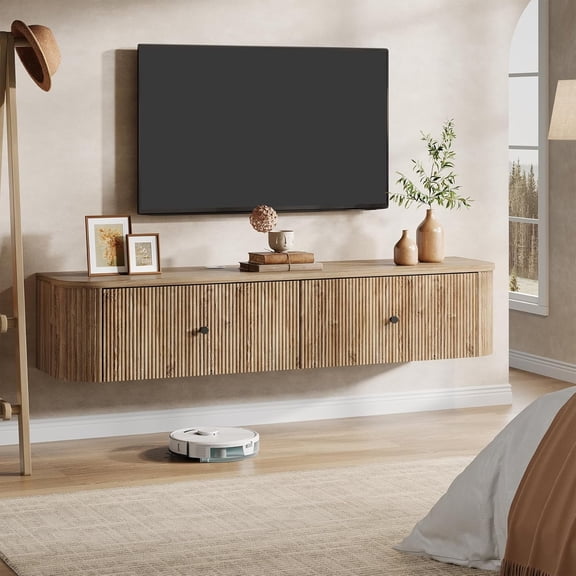 Finmind Floating TV Stand Wall Mounted, 55-Inch Wall Mounted TV Console with 2 Fluted Drawers
