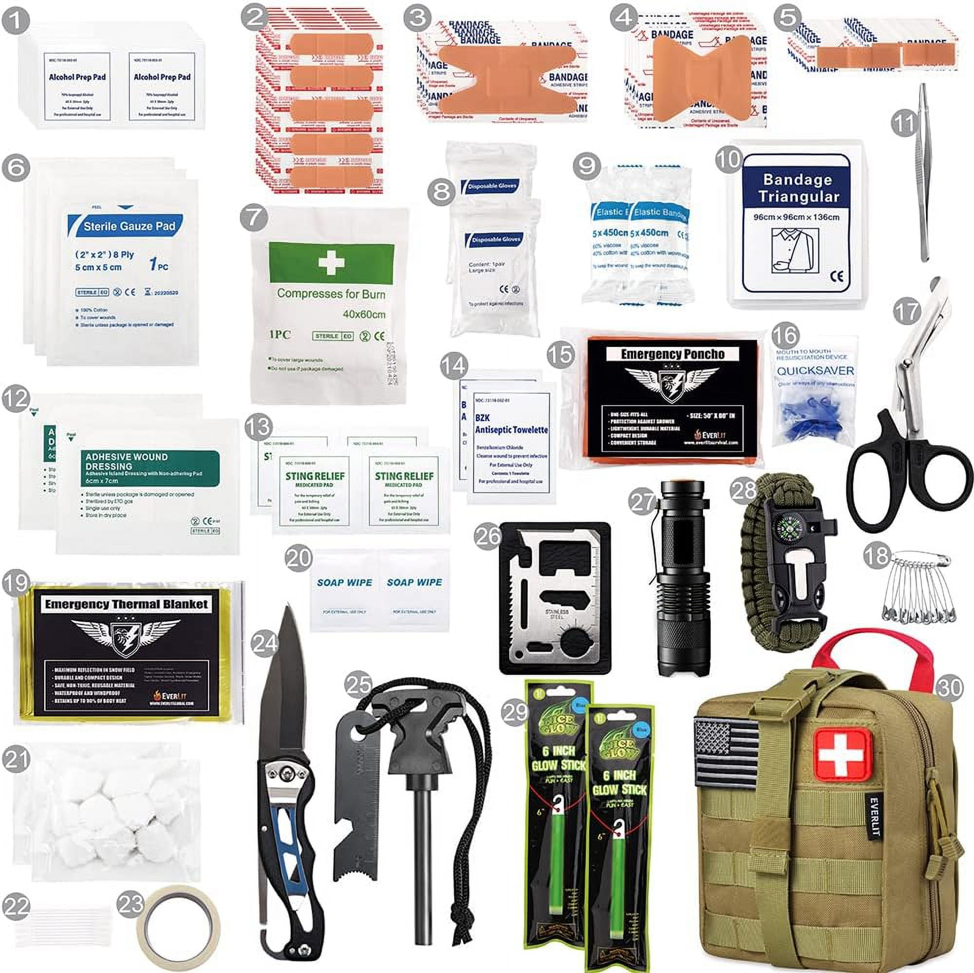 250 Pieces Survival First Aid Kit IFAK EMT Molle Pouch Survival Kit Outdoor Gear Emergency Kits Trauma Bag for Camping Boat Hunting Hiking Home Car Earthquake and Adventures