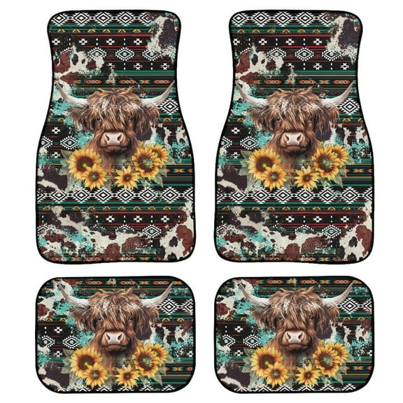 Renewold American Tribal Highland Cow Cattle Sunflower Auto Carpet Floor Mats for Car Van Truck SUV, 4 Pieces Front & Rear Full Set with Rubber Backing Universal Fit for Most Vehicles