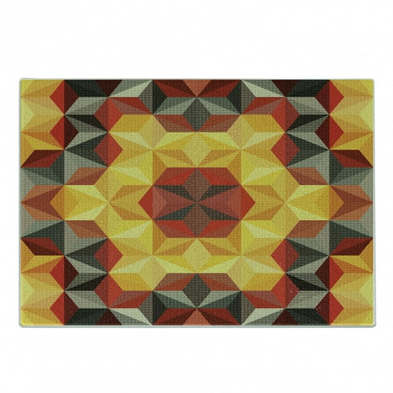 Modern Art Cutting Board, Psychedelic Design with Geometric Diagonal and Fractal Star Dotted Design Image, Decorative Tempered Glass Cutting and Serving Board, Small Size, Multicolor, by Ambesonne
