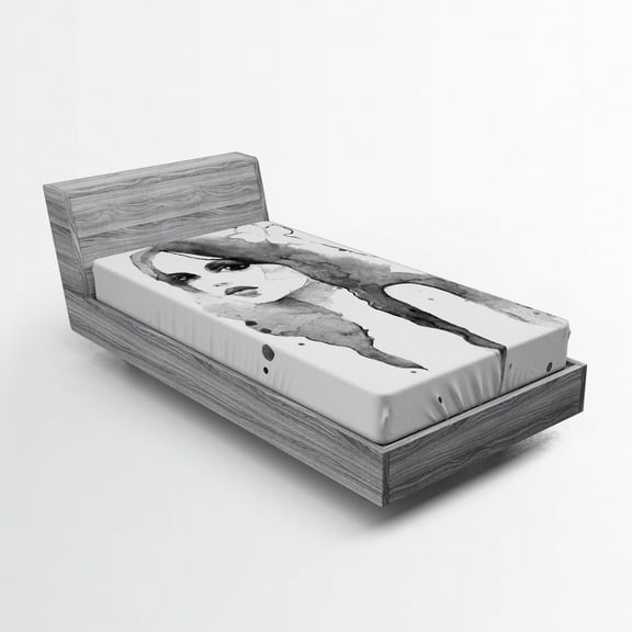 Feminine Fitted Sheet, Portrait of Girl in Watercolor Painting Effect Femininity Theme Creative Modern, Soft Decorative Fabric Bedding, Twin XL Size, White Black, by Ambesonne