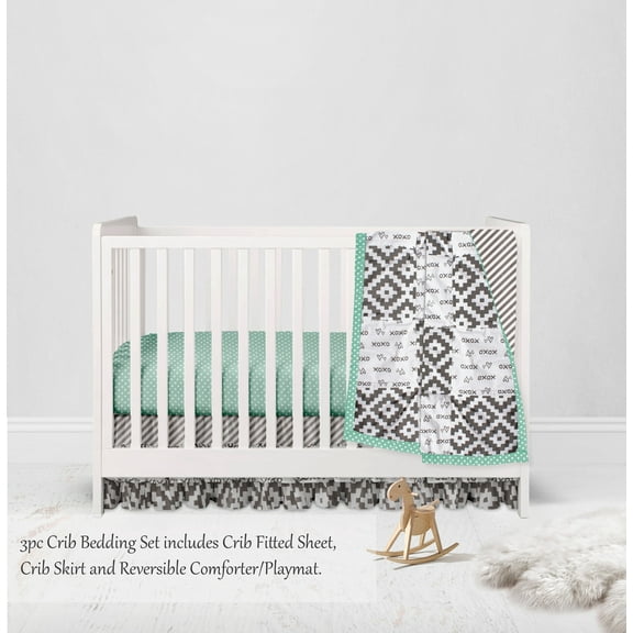 Bacati - Love Aztec 3-Piece Crib Bedding Set - Grey/Mint Unisex