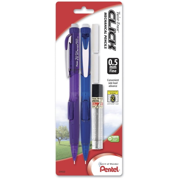 Pentel Twist-Erase Click Mechanical Pencil (0.5mm) Clear Barrel, 2-Pk with Lead and 2 erasers