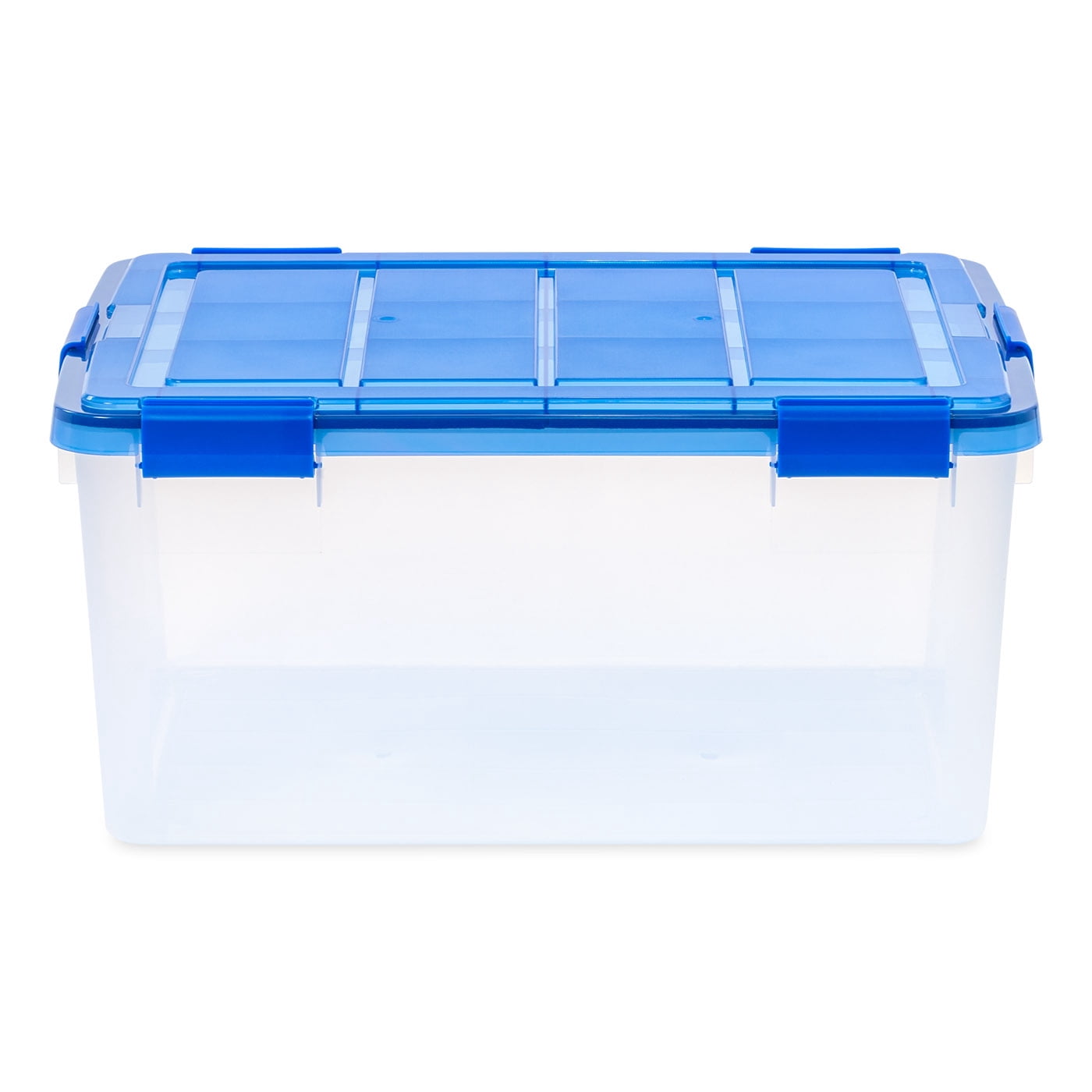 IRIS USA, 60 Quart WeatherPro Plastic Storage Boxes with Lid, Blue and Clear, Set of 4
