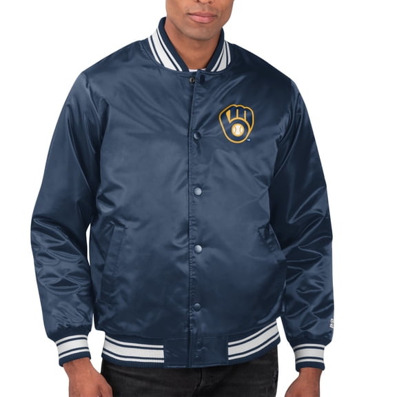 Men's Starter  Navy Milwaukee Brewers Printed Team Logo Satin Varsity Full-Snap Jacket