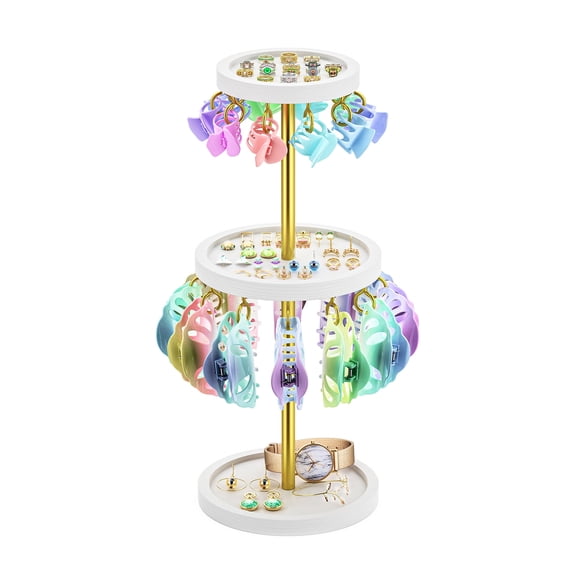 2 Tier Metal Claw Clip Organizer Holder for Women, Table Hair Clip Storage Holder with 22 Hooks and 3 Trays, Hair Accessories Organizer Display Stand for Dressing Table