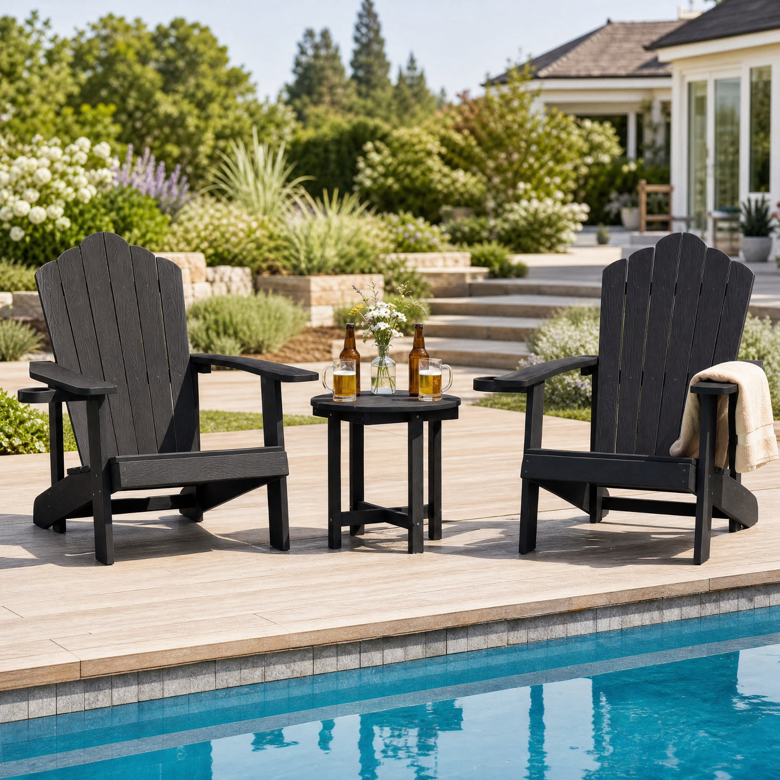 Biotree 18 Inch Adirondack Side Table Outdoor, Weatherproof HIPS Slatted End Table with X-Base and 66 lbs Capacity for Deck Backyard Poolside, Black