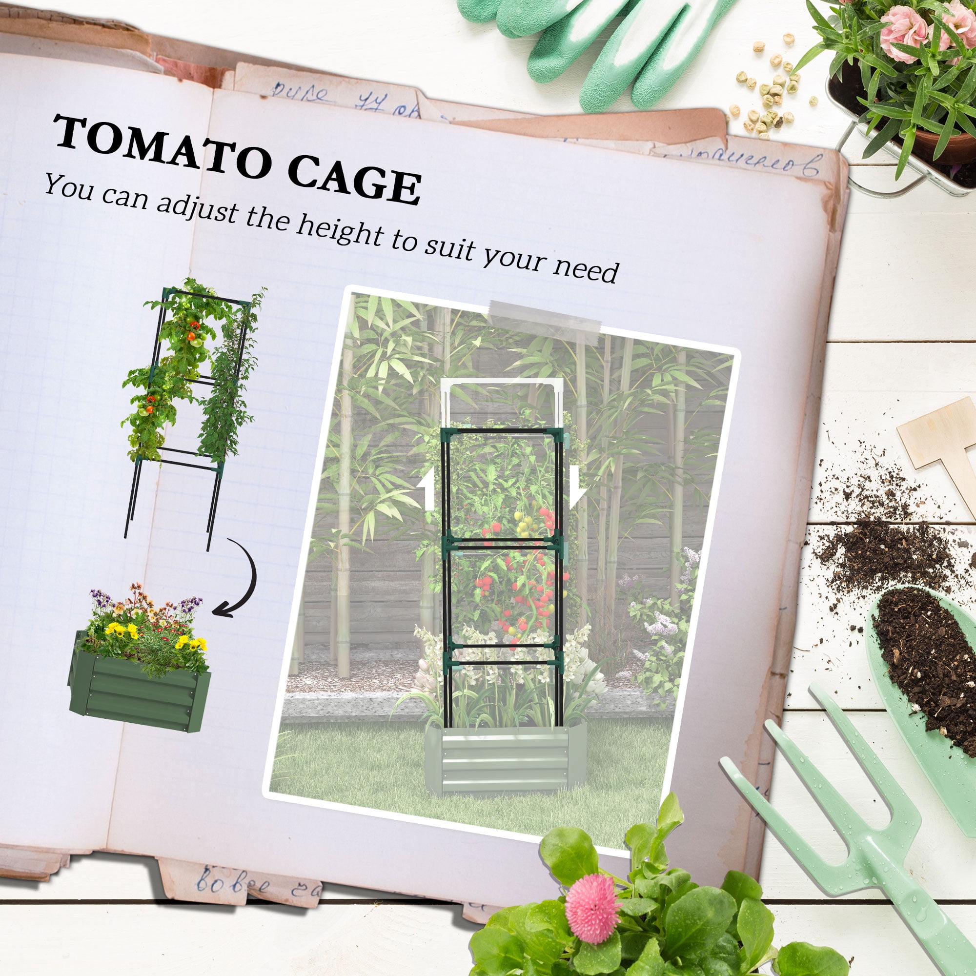 Outsunny Raised Garden Bed, 24" x 24" x 55" Galvanized Planter Box w/ Tomato Cage, Open Bottom for Climbing Vines, Green