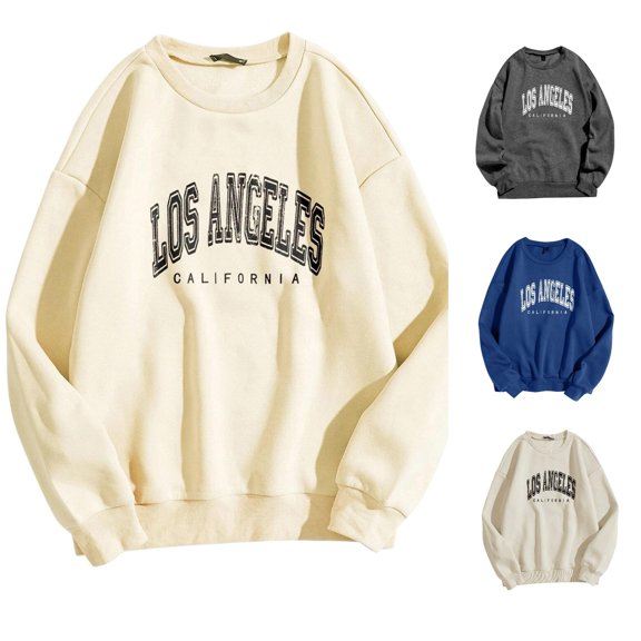 Trendfront Womens Los Angeles Letter Graphic Sweatshirt Crewneck Long Sleeve Collegiate Design And Ribbed Trim Casual Loose Fit Pullover Tops
