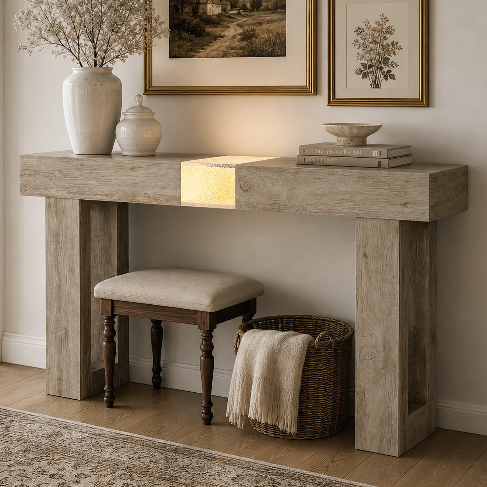 TTGIEET Wooden Console Table with Light, 60-Inch Farmhouse Entryway Table for Entrance, Sofa Table Behind Couch for Living Room , Oak Brown
