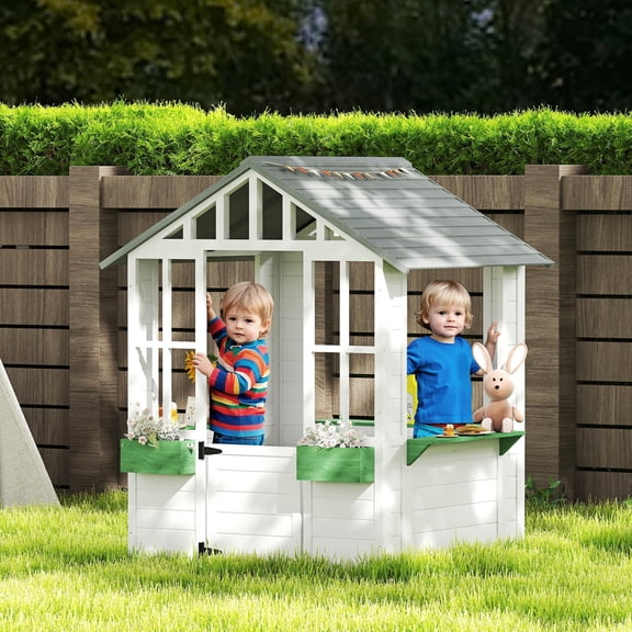 Wooden Outdoor Playhouse, Garden Cottage with Flower Pot Holder, Working Door, Windows, Fir Wood, White, 3-8 Years