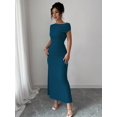 thumbnail image 4 of Teal Blue Off-The-Shoulder Ruched Waist Bodycon Maxi Dress For Women, 4 of 6