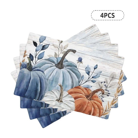 Blue Fall Placemats Farmhouse Linen Blue Pumpkin Place Mats for Dining Room Dinner Table Leaves Floral Wood Grain Washable Table Mats Thanksgiving Kitchen Decor Set of 4