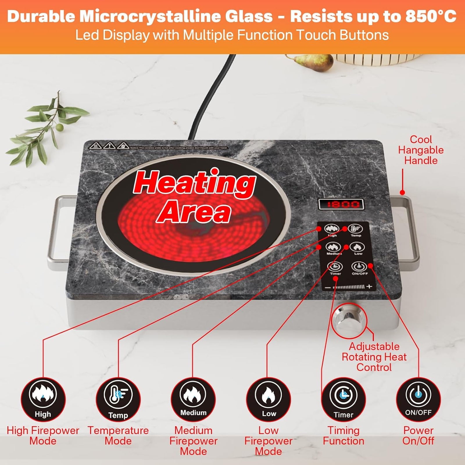 1800W Single Burner Electric Stove Top, Portable Infrared Electric Cooktop, 110V Ceramic Hot Plate with Handles, Countertop Stove Cooktop with Timer & Touch & Knob Control for All Cookware