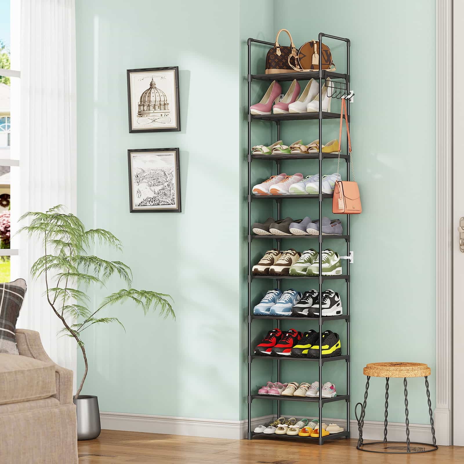10 Tier Metal Shoes Rack, Bug Hull Narrow Stackable Shoes Shelf with Hooks, Shoe Tower for 20-24 Pairs Shoe and Boots Organizer, Black