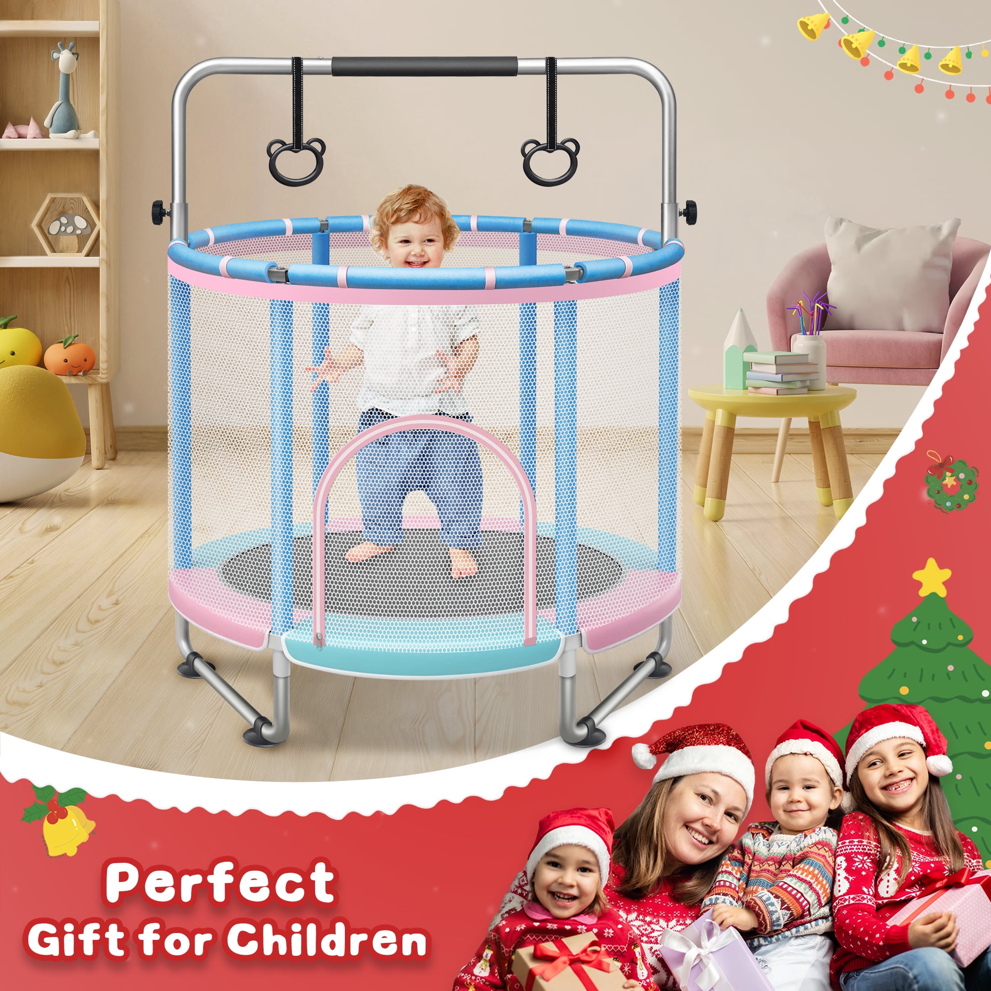 SERAY 55-65" Kids Trampoline with Safety Enclosure & Mini Balls, Indoor/Outdoor Fun for Toddlers, Durable, Quiet, and Safe Bouncing Toy for Boys and Girls