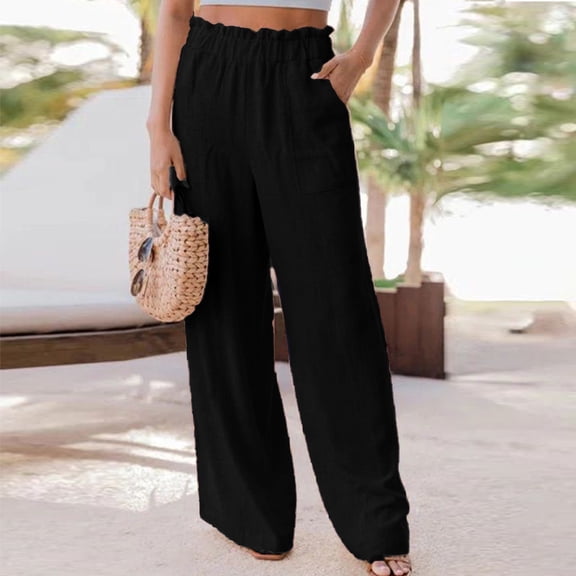 Women's Soft Cotton Linen Blend Pants, High Waist Loose Wide Leg Straight Pants, Tummy Control Flowy Silhouette, Casual Work Vacation Wear, Comfortable Relaxed Fit | TruBelle,Black L