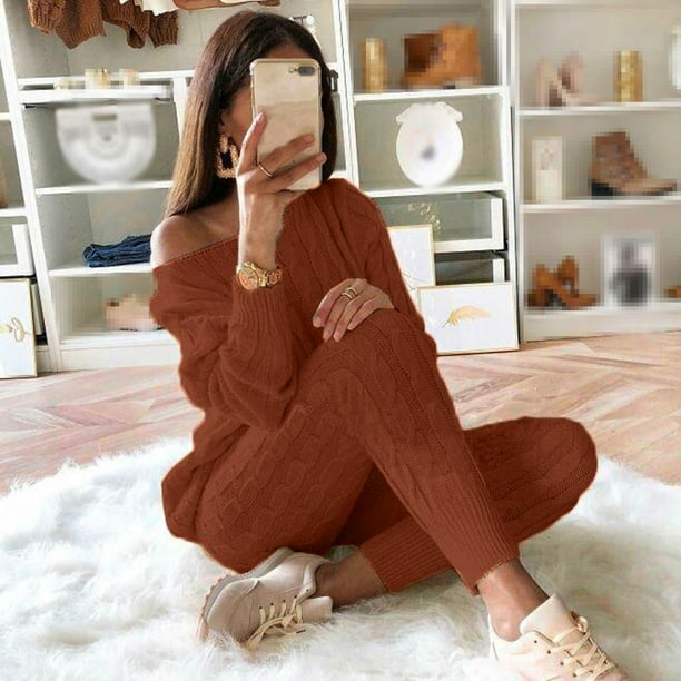 Pntutb Conjunto de traje de suéter con pantalones largos de dos piezas de punto de cable de manga larga con hombros descubiertos de color sólido para mujer Pntutb Pntutb-4781