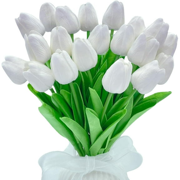 GoXteam 20pcs Fake Tulips Artificial Assorted Colors Flowers, Real Touch Silk Flower for Home Kitchen Decor Spring Easter Wedding Bouquet Decorations Office Floral Arrangements, White