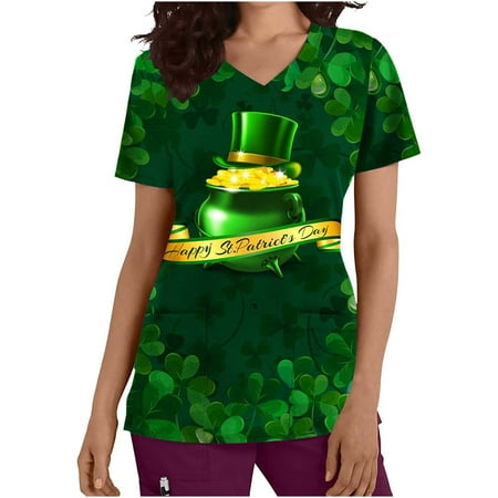 

KIJBLAE St.Patrick s Day Shirts for Women Short Sleeve Tees Clover Print Tops Working Uniform Clothes for Girls Crewneck T-shirt Scrub Pocket Tunic Blouses Green XL Sales