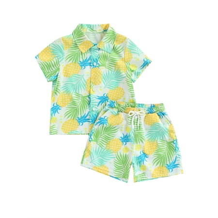 

Sunisery Kids Boys Floral Shirt Short Sleeve Lapel Button Shirt Cartoon Dinosaur Shorts Summer Hawaiian Outfits Pineapple 4-5 Years