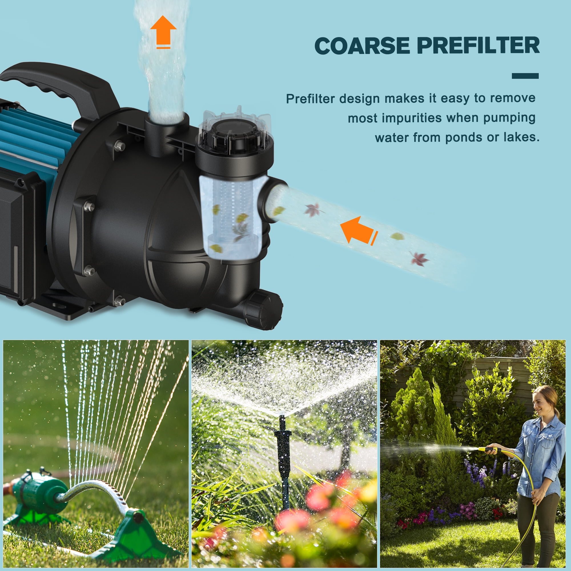 FLUENTPOWER 1.5HP Portable Garden Booster Pump with Prefilter, 1200GPH, Lift 151FT, Shallow Well Jet Pump, Water Transfer Draining Pump for Home Garden Lawn Sprinkler Irrigation