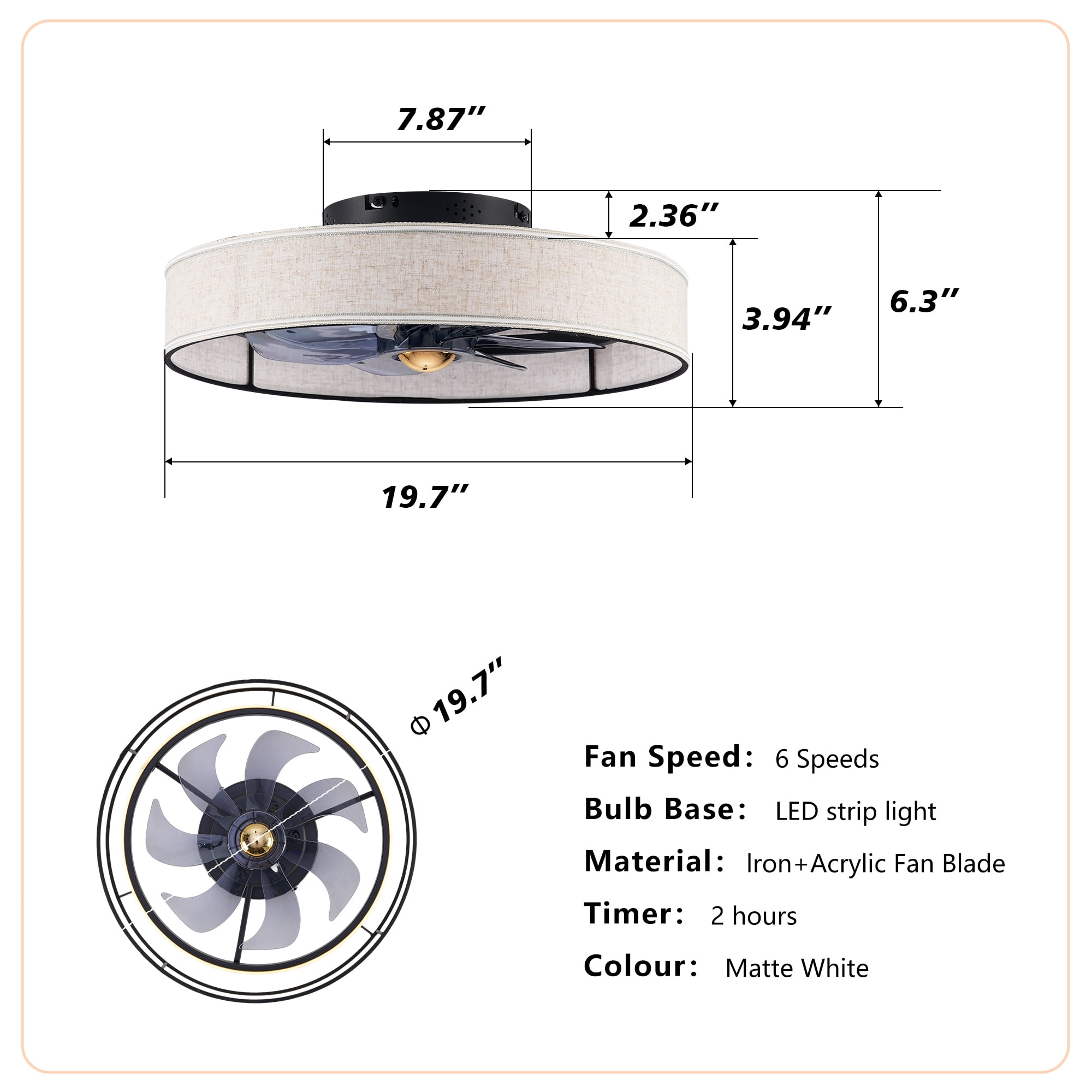 Leumius 20" Fabric Farmhouse 7 Blades Ceiling fan with Light and Remote Control, Quiet DC Motor Ceiling Fan for Living Room Bedroom Kitchen