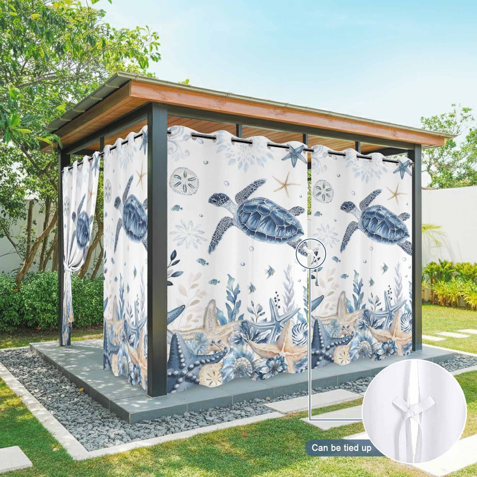 Ocean Turtles Outdoor Curtains for Patio, Blue Yellow Sea Star Shell Coral Sunshade Privacy Drapes Grommet Waterproof Outside Curtains for Porch/Cabana/Balcony 54"x 108", 1 Panel