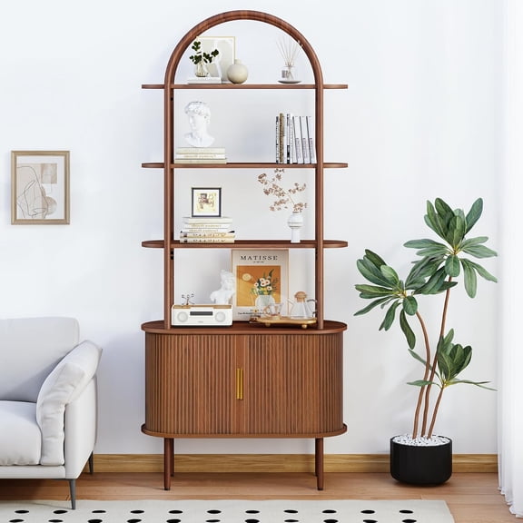 71" Tall Arched Bookshelf with Storage Cabinet, Mid Century Modern Bookcase Cabinet, Curved Frame Bookcase, Industrial Storage Display Shelving for Living Room, Bedroom, Home Office (Walnut Brown)