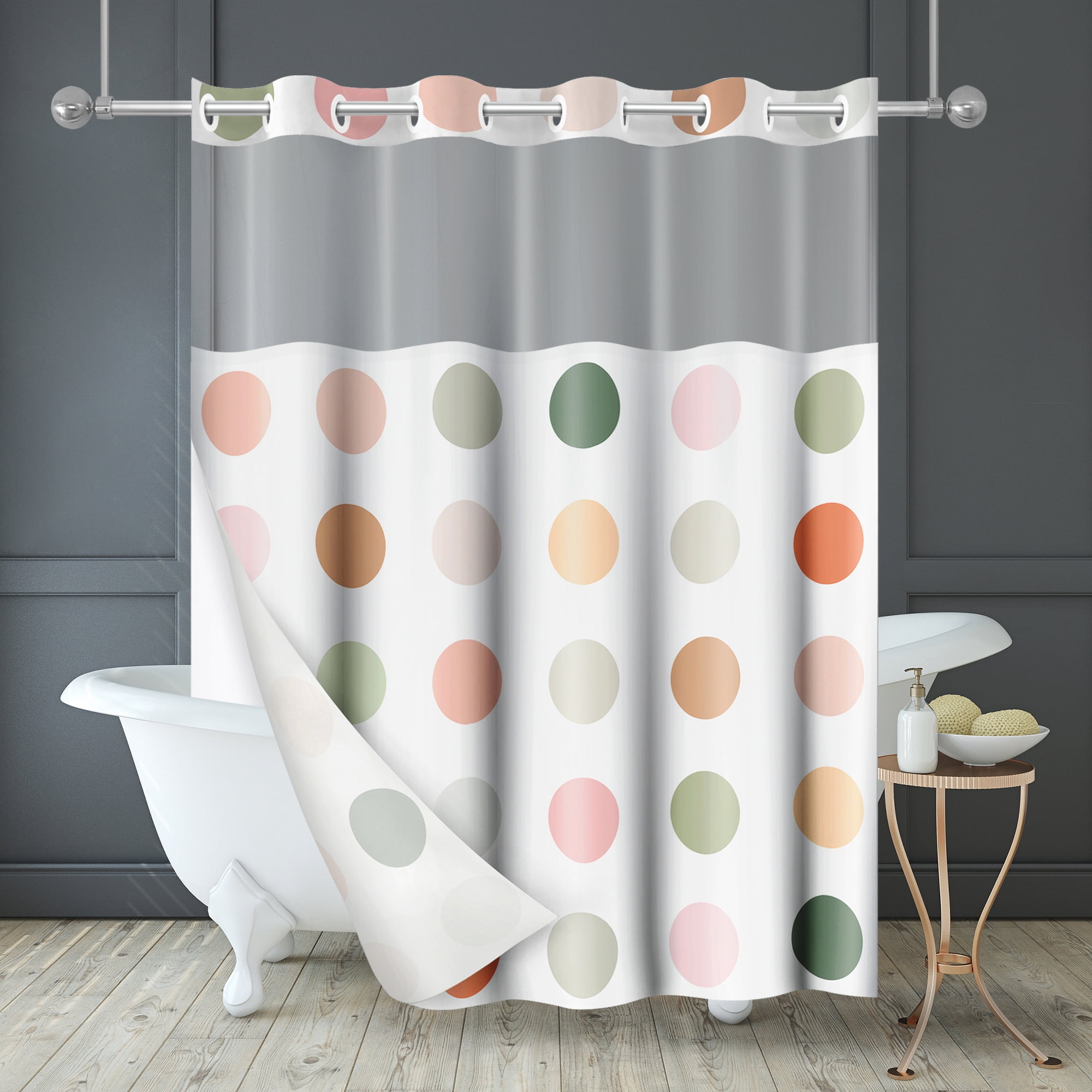 Americanflat 72x75 Hookless Shower Curtain - Polka Dot Green Orange Pink Shower Curtain with Sheer Panel, Snap-In Liner, and Grommets