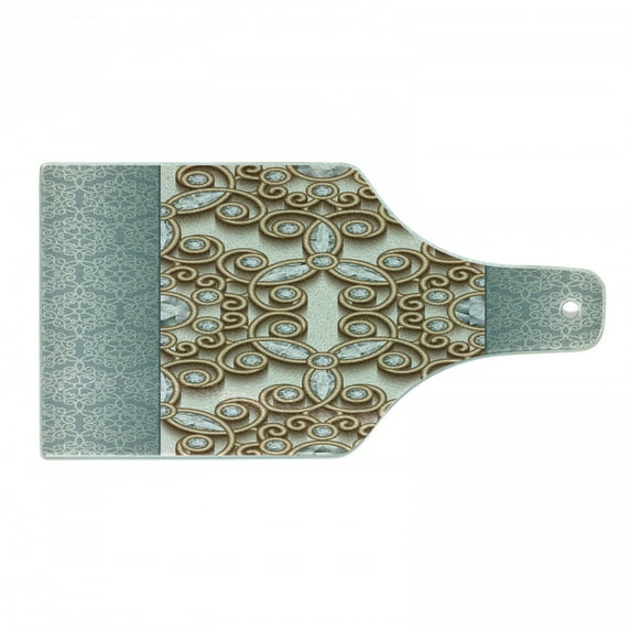 Diamond Cutting Board, Vintage Swirling Lines Ornament with Diamonds over Damask Retro Style Boho Print, Decorative Tempered Glass Cutting and Serving Board, Wine Bottle Shape, Tan Teal, by Ambesonne