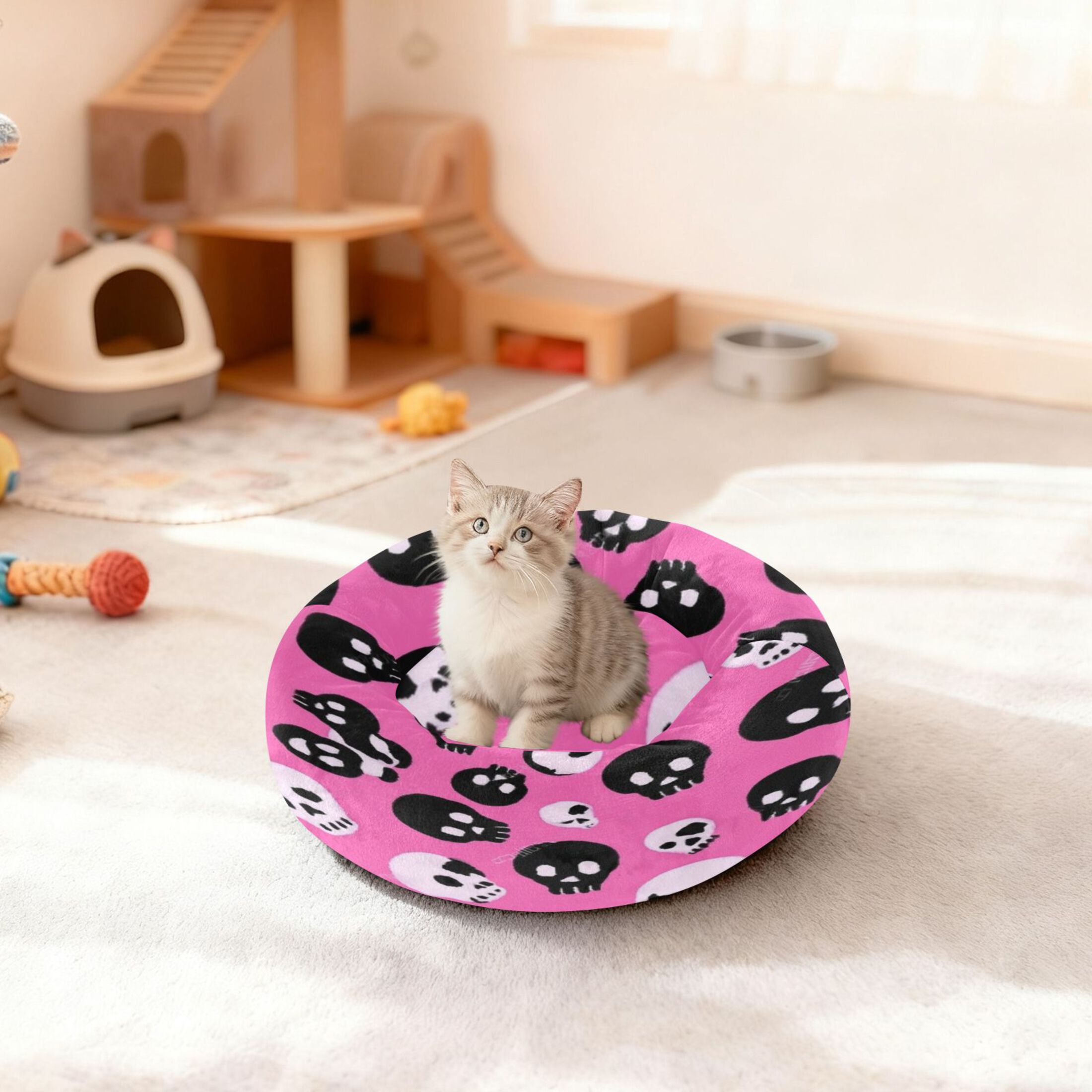 Iauyy Pet Couch Donut Cat Bed for Indoor Cats/Small Dogs Washable & Machine with Non-slip Bottom Calming Cat Furniture, Black Cartoon Skull Pattern (S)