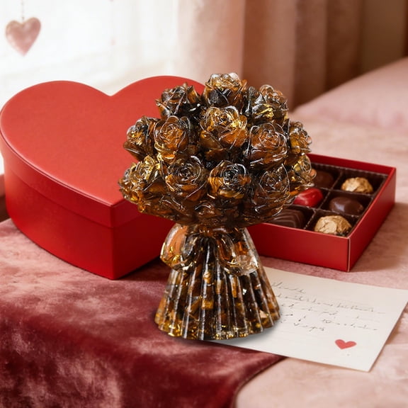 BiFandian Natural Crystal Rose Bouquet, Resin Dipped Handheld Flower Arrangement, February 14 Festive Tabletop Decor Gift for Home, Office, Valentine's Day