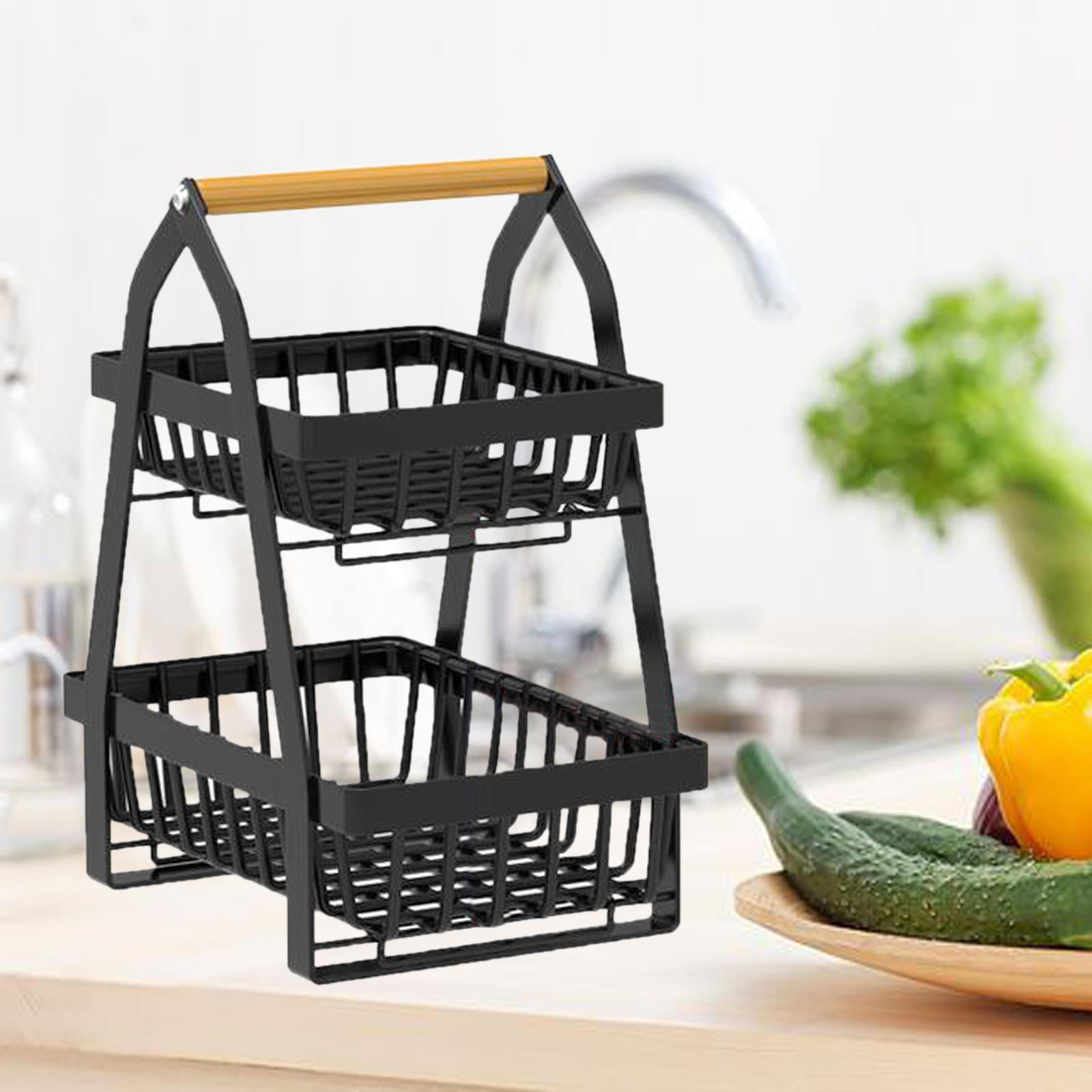 Kitchen Counter Basket Wire Basket with Bamboo Top, 2 Tier Detachable Fruit  Basket Metal Mesh Bin for Kitchen Organization and Storage, Spice Rack