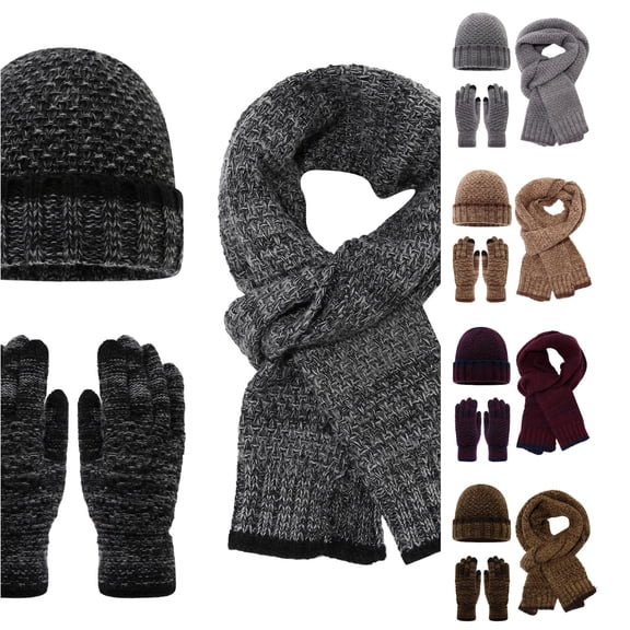 XIAOCHA Men's Marled‑Knit Beanie Solid Outdoor Commute Scarf Knit Gloves Fall Winter Handwear,Black