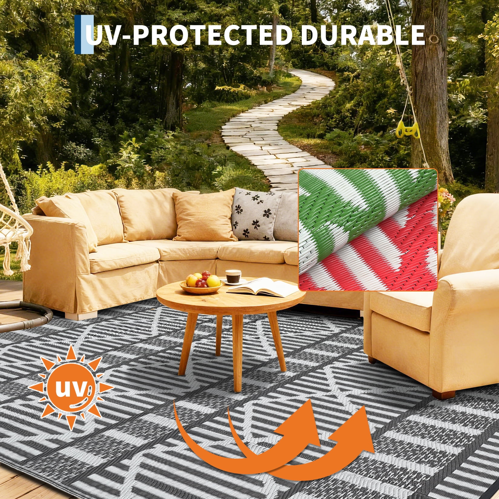 HIWEAVER 9' x 12' Gray/White Outdoor Rug PP Plastic Straw Woven Waterproof Patio Rug with Border Portable Outside Carpet for Balcony Deck Picnic Garden Decor