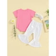 thumbnail image 4 of Suealasg 3Pcs Kid Toddler Baby Girls Birthday Clothes Set Short Sleeve Crew Neck Letters Print Romper/T-shirt +Flare Pants +Hairband 6M 1T 2T 3T 4T 5T Summer Outfits, 4 of 9