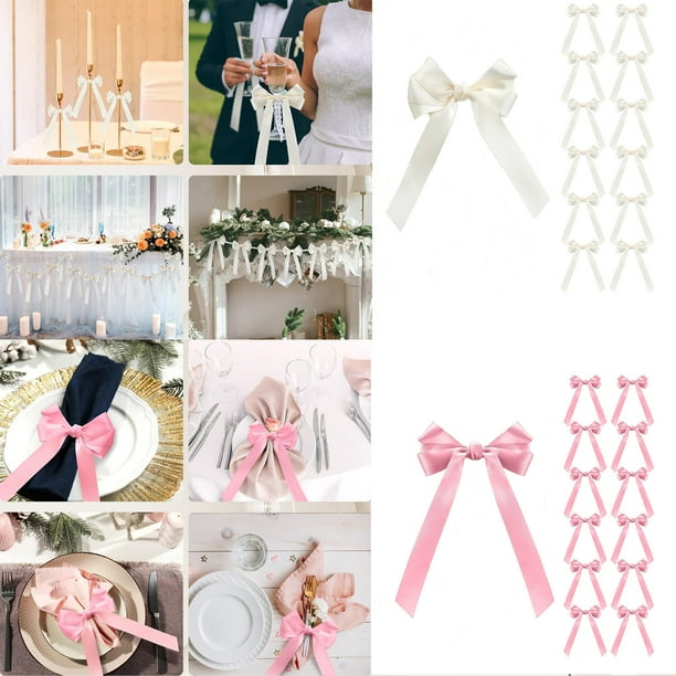 Decoración de candelabro en nudo de mariposa – Pack de 12 lazos decorativos de nylon blanco y rosa para portavelas, embalajes de regalo, vajilla, decoración navideña y de fiestas, cinta duradera y