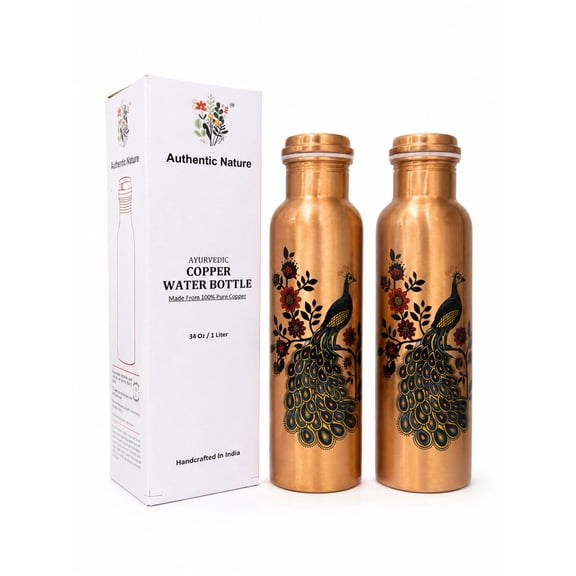 Authentic Nature Ayurvedic Copper Water Bottle, Pure Copper, 1 Litre/34 Oz, Peacock Design , With Health Benefits, Handcrafted in India (Pack of 2 Bottles)