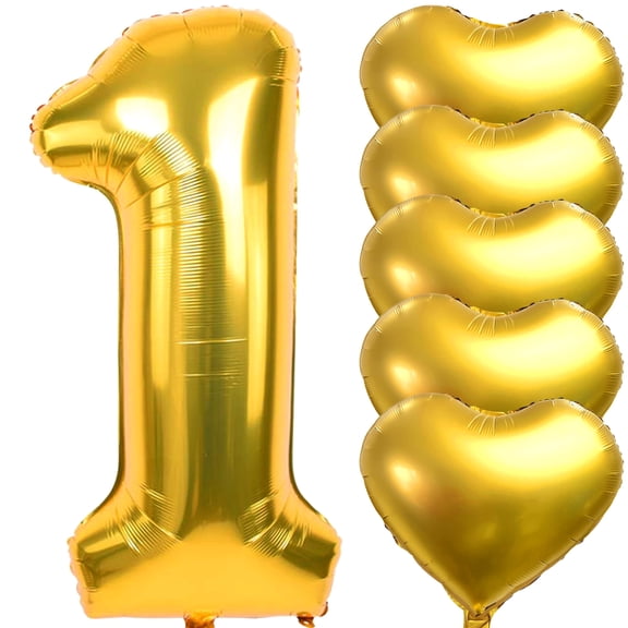 CYTTOKL Number 1 Balloons 40 inch KKS1 Gold Extra Large Big Foil Giant Jumbo Helium Mylar Metallic Number Balloon with Straw and Heart Shaped Balloons for First 1st Birthday Party Decorations
