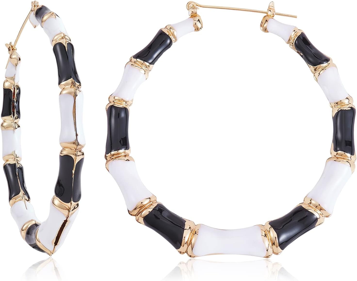 Ornaland Bamboo Hoop Earrings For Women - Extra Large Alloy Enamel Statement Earrings, 73mm, Black & White