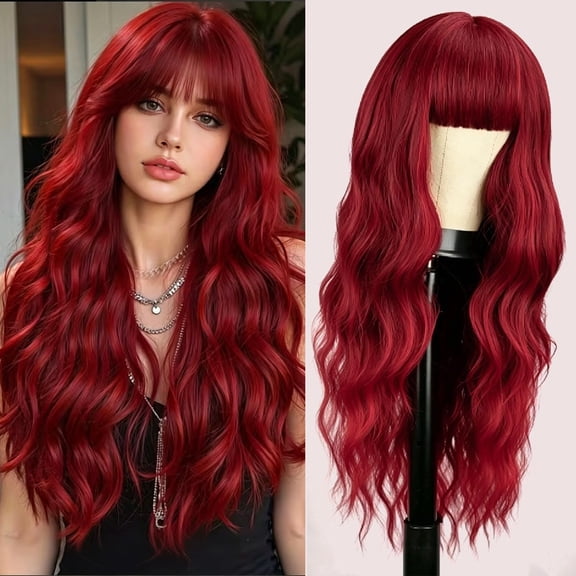 JOFMWIX Black Wig with Bangs 26 Inch Long Curly Wavy Wigs for Women Begineer-Friendly Synthetic Wig for Daily Party Holiday Use
