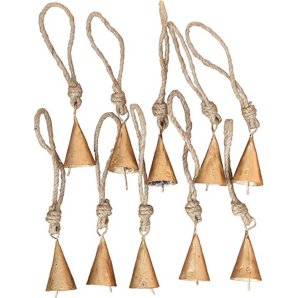 Vivanta 10 Pcs Rustic Gold Metal Cow Bells with Jute Rope 2"– Small Jingle Bells for Crafting, Cone Bells for Crafts, Christmas Bells Ornaments, Witch Bells, Vintage Boho Decor, Sleigh Bells Witches