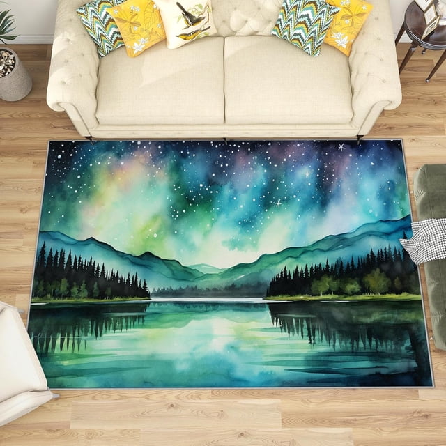 3x4 Rug, Aurora Door Mat Washable Non Slip Soft for Entryway, Northern Lights Starry Sky Rug, Polar Landscape Carpet, Aurora Home Decor & Gifts