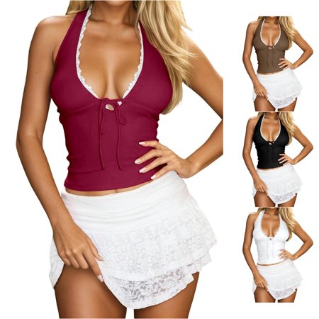 Xijirk Lace Trim Tank Top Front Tie Cutout Slim Fit Cropped Sleeveless Top for Club Night Casual Street Outfits,Red,M