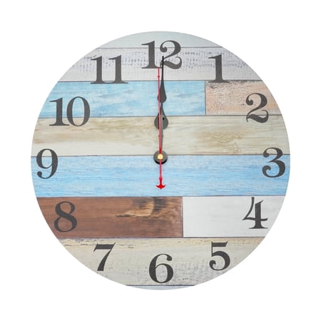 【HOSTK】12.8 Inch Silent Colorful Wooden Wall Clock, Farmhouse Rustic Battery Operated Decorative Clock for Kitchen Living Room Home Decor