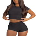 thumbnail image 3 of Femmes Été Séance d'Entraînement Ensemble Manches Courtes Col Rond Tops T-shirt + Yoga Shorts Streetwear, 3 of 5