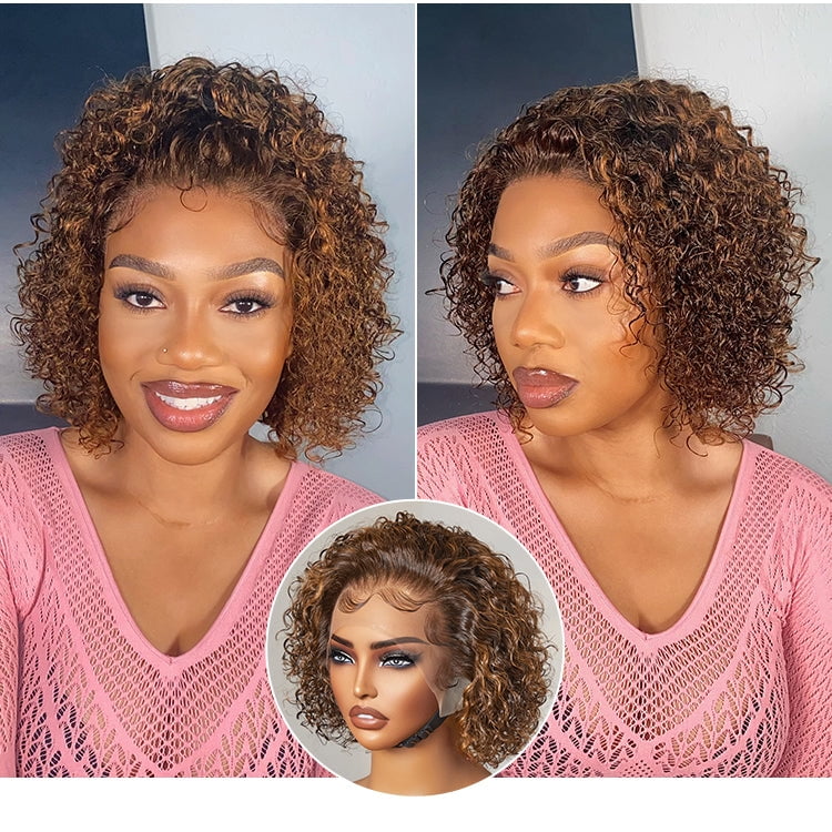 LUVME 8" Brown Highlight Short Cut Slicked Back Deep Curly Ear-to-ear Wide T Lace Wig for Women
